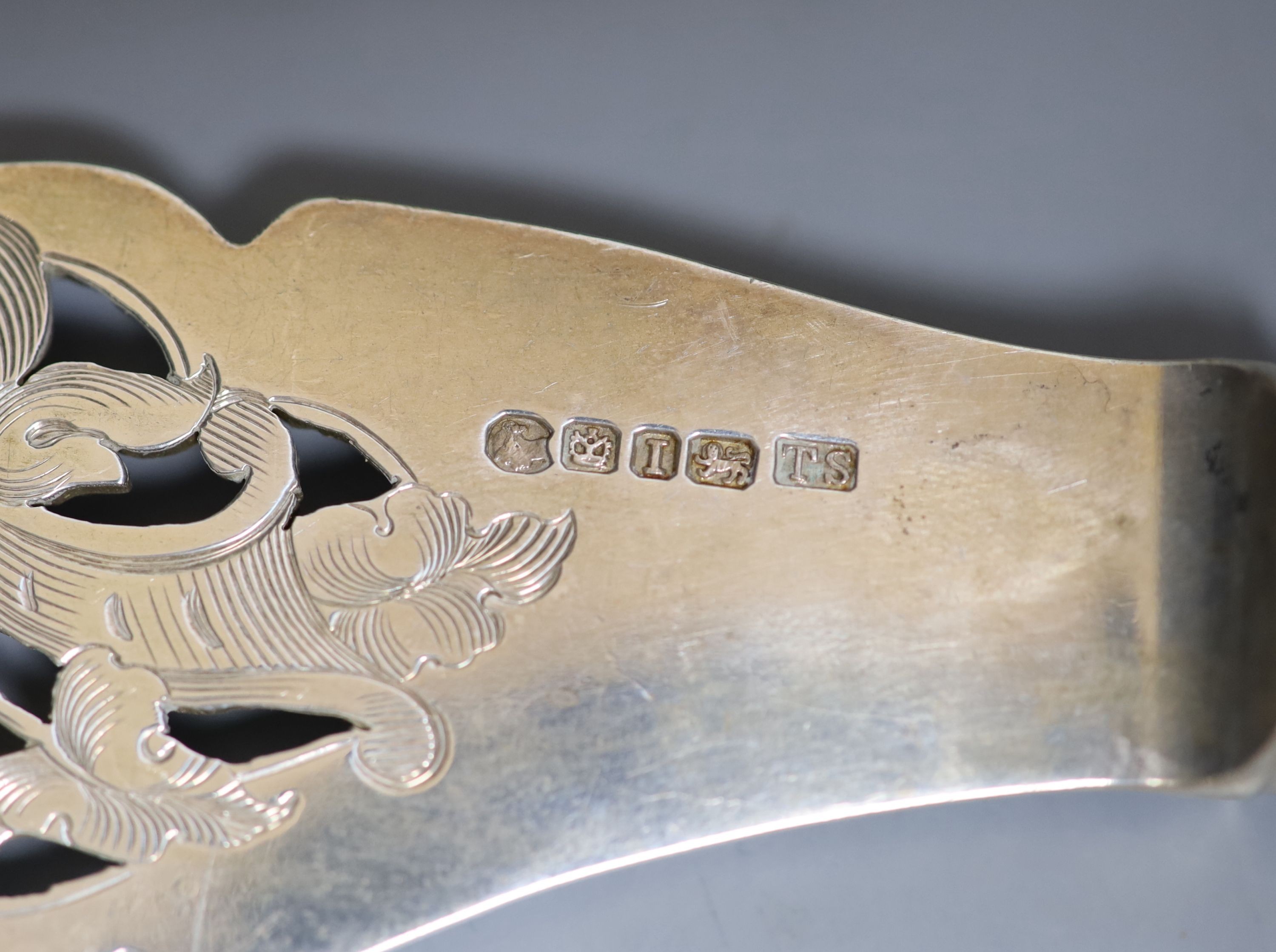 A pair of Victorian silver fish servers, Thomas Sansom, Sheffield, 1852, knife 33.5cm, loaded handles.